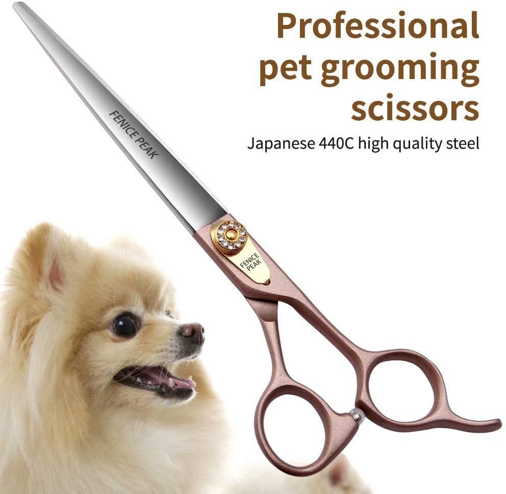 Fenice Peak 7.5'' Dog Straight Scissors for Grooming 440C Stainless Steel Rose Gold Professional Pet Trimming Scissors Sharp Blades Cutting for Dogs and Cats Shears