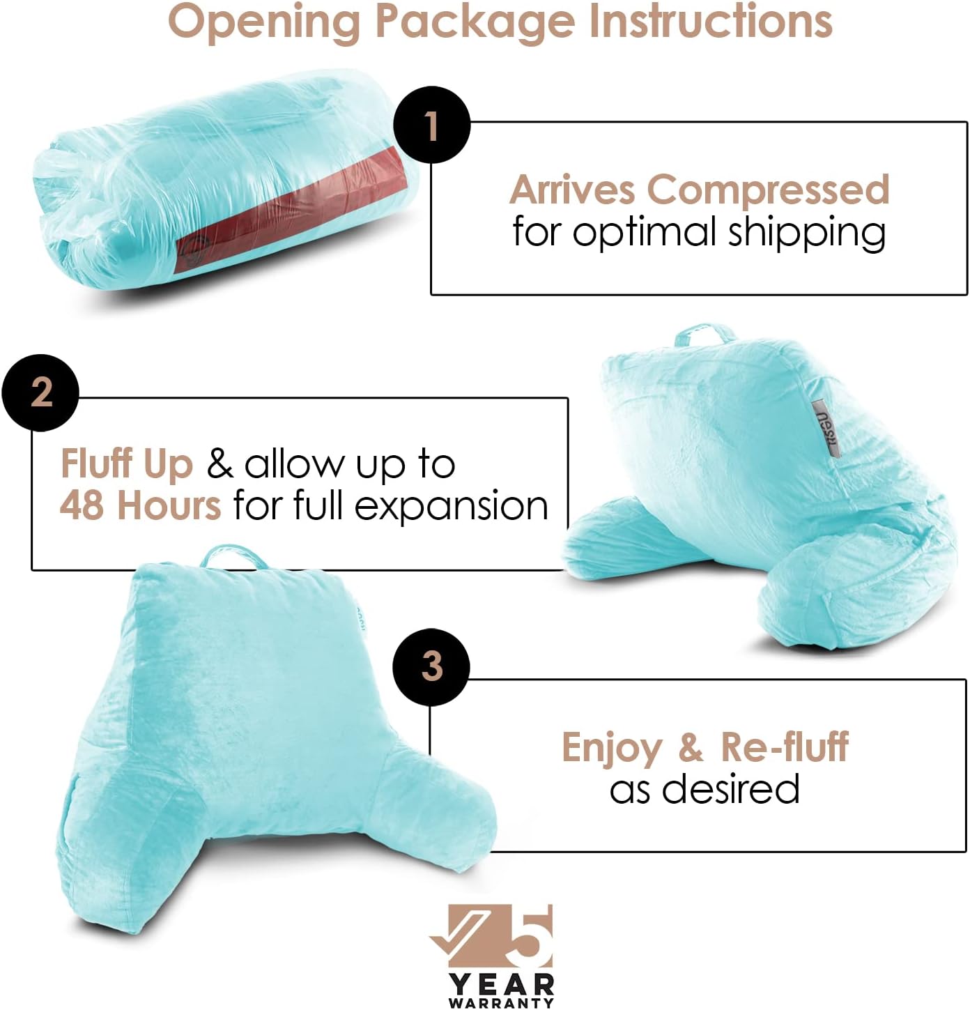 Nestl Reading Pillow with Shredded Memory Foam, Designed for Sitting Up in Bed and Couch, Back and Arms Adjustable Support for Adult & Teens Backrest Pillows for Reading with Washable Cover Light Blue