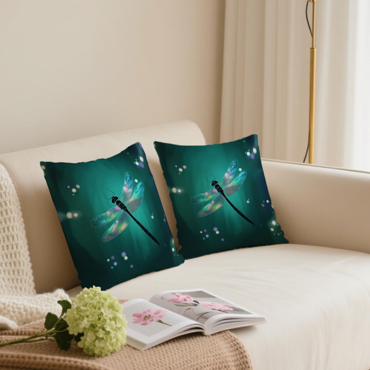 2 Pcs Modern Green Dragonfly Print Pillow Cover, Insect Themed Linen Square Cushion Covers for Couch Sofa Bed Bedroom Apartment Dorm Living Room Office Home Decor,Dragonflies Gifts for Women