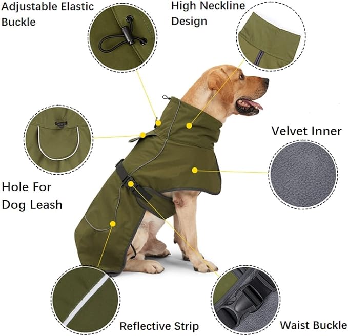 Barkworthies Dog Raincoat - Waterproof Winter Jacket with Velvet Inner, Reflective Strip, Green, XL