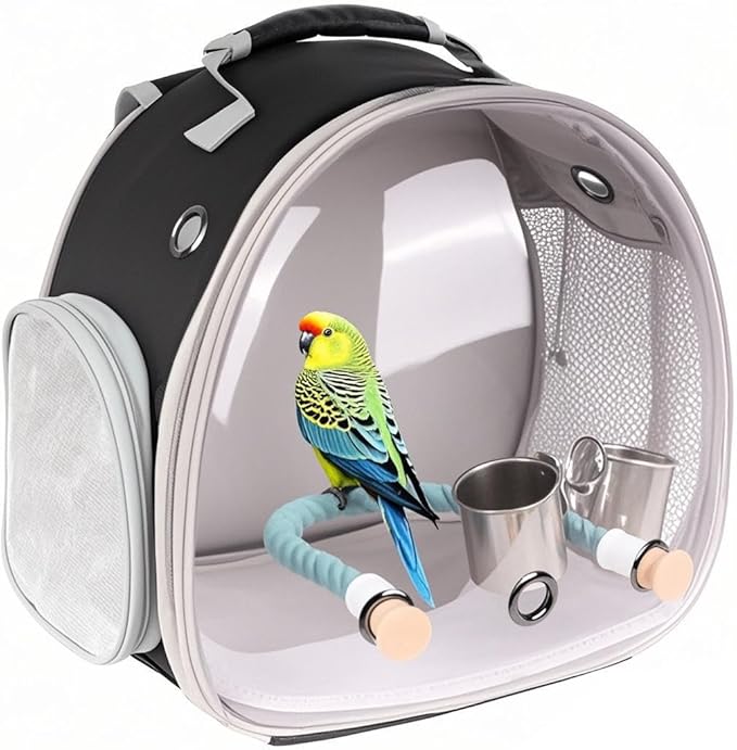 halinfer Small Bird Travel Backpack Carrier Cage with Cups, Backpack to Transport Backpack Carrier with Clamp Cups Stand Perch for Parakeet Cockatiel Budgies Vet Carry Book Bag Black