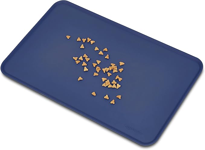 Amazon Basics Waterproof Anti-Slip Silicone Cat & Dog Food Mat, Pet Mats with Raised Edges for Food and Water Bowl to Protect Floors, 18.5 x 11.5 Inches, Blue, Solid
