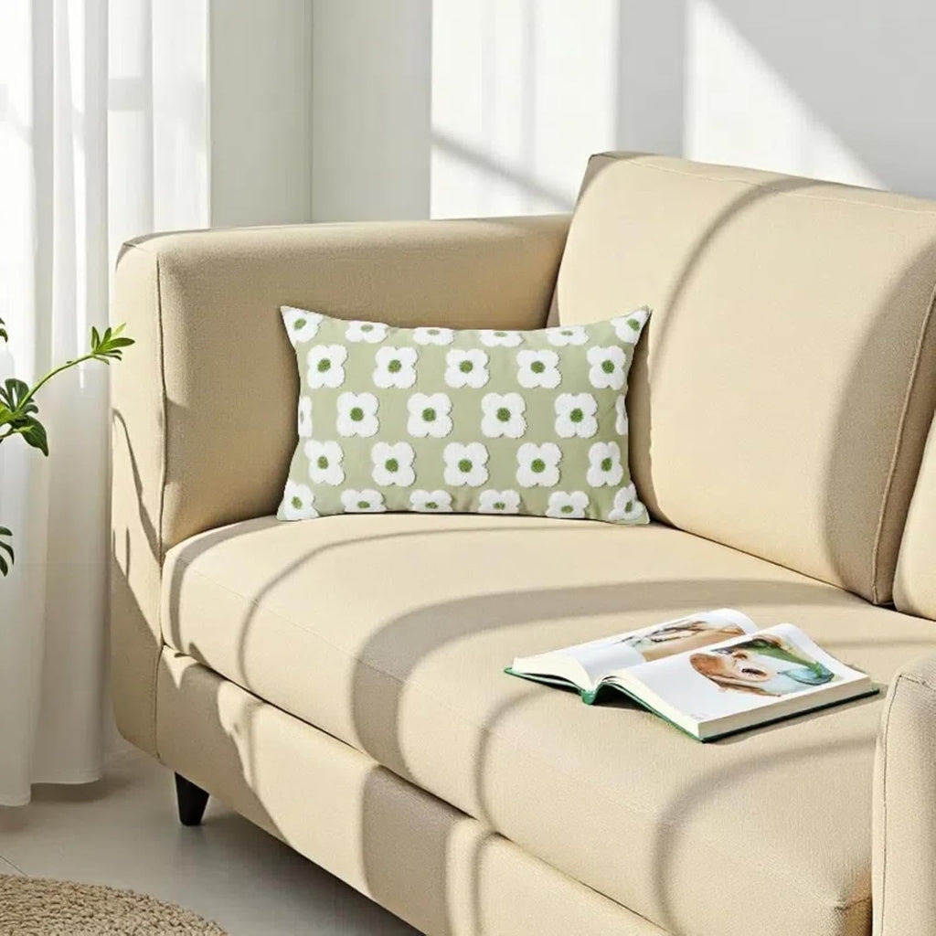 DECOBIRD Embroidery Throw Pillow Cover 12x20 Light Green Floral Design Home Decor Loop Embroidered Pillow Case Thick Cotton Canvas Square Cushion Cover for Couch 30x50cm, 4 Petal Flowers 1 Piece