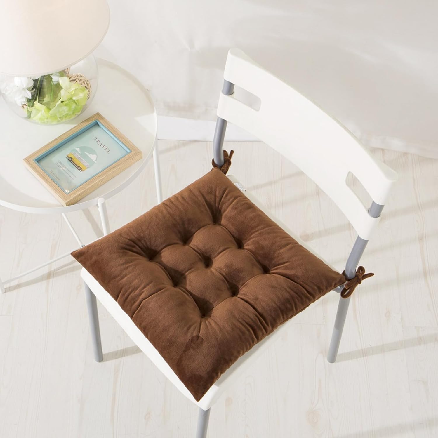2 Pack Square Seat Cushion Chair Pads for Kitchen Dining Chairs, Soft Comfort Velvet Chair Mat Pillow Cushions with Ties for Office Desk Living Room Tatami 15.5", Coffee