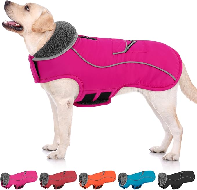 SUNFURA Small Dog Coat, Warm Dog Jacket with Zippered Leash Hole, Reflective Pet Winter Coat Fleece Jacket with Adjustable Furry Collar for Small Dogs Schnauzer, Yorkshire Terrier, Hot Pink S
