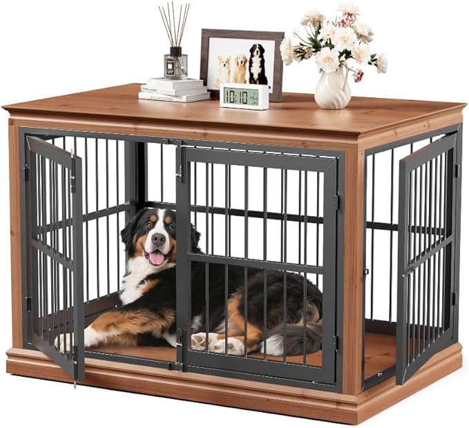 48 in Dog Crate Furniture for Dogs- Solid Wood Large Dog Crate Sideboard and TV Stand, Large Wood Kennel-((Brown+Black)