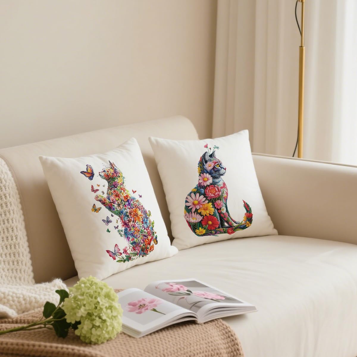 2 Pcs Flower Cat Pillow Covers, Cat Decor Cats Themed Gifts Throw Pillow Square Cushion Covers for Couch Sofa Bed Bedroom Apartment Dorm Living Room Office Home Decor
