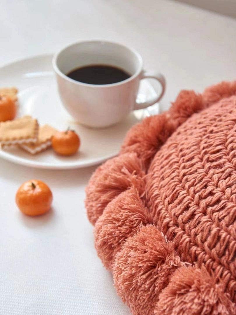 Boho Round Throw Pillow with Pom Poms Fringe Tassels, Bohemian Cute Decorative Circular Pillow with Knitted Texture for Sofa Chair, Acrylic Diameter 18 inches, Orange