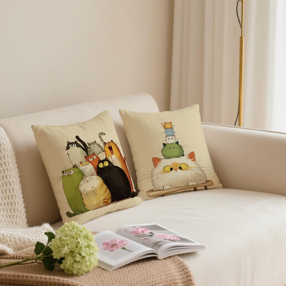 2 Pcs Whimsical Cat Throw Pillow, Throw Pillow Cover Lovely Multicolor Cartoon Cats Decorative, Suitable for Couch Sofa Bed Bedroom Apartment Dorm Living Room Office Home Decor
