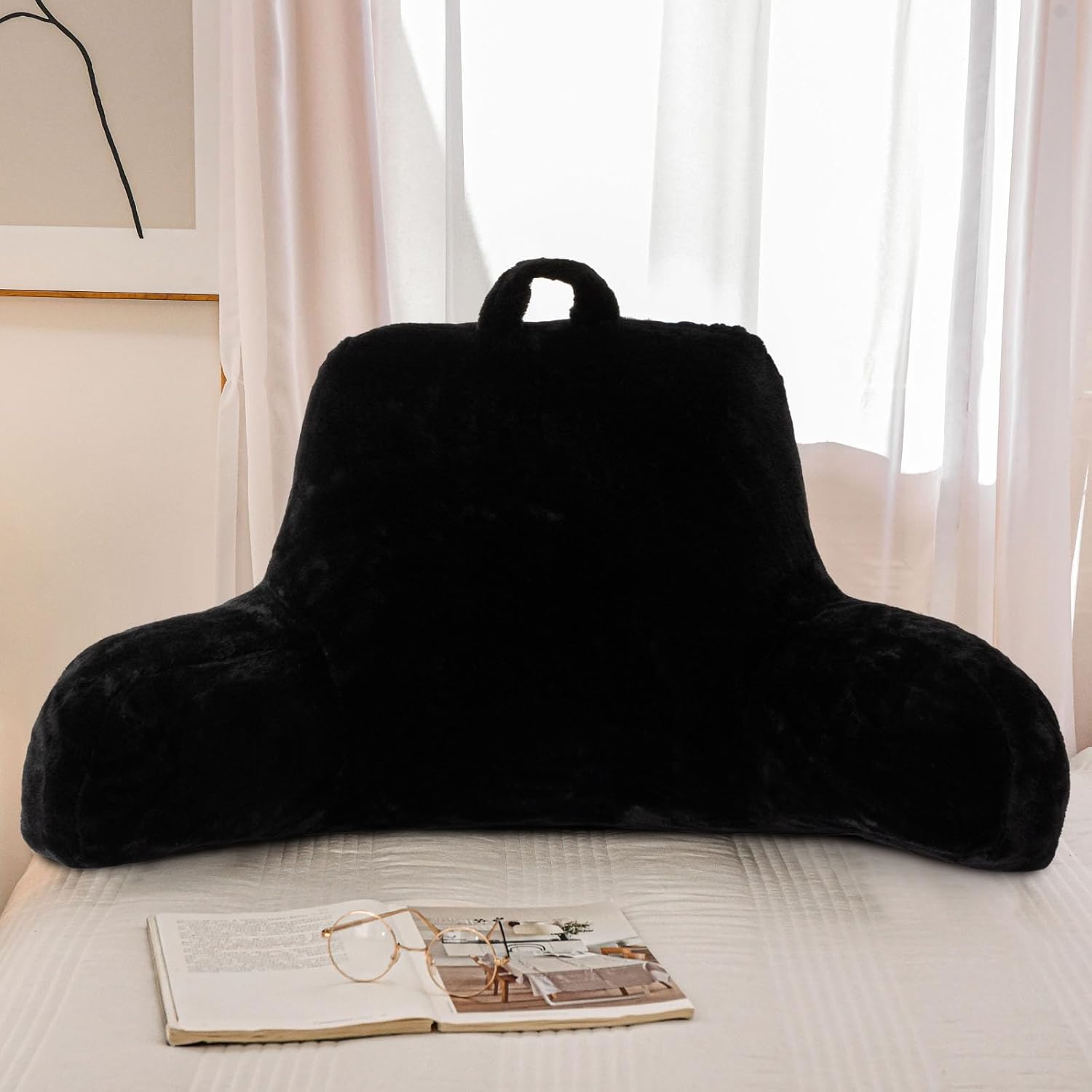A Nice Night Faux Fur Reading Pillow Bed Wedge Large Adult Children Backrest with Arms Back Support for Sitting Up in Bed/Couch for Bedrest,Black