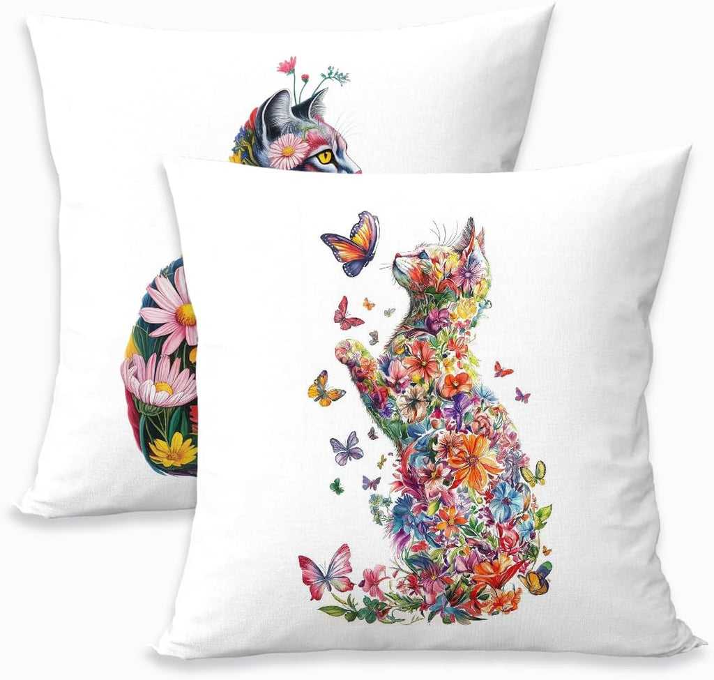2 Pcs Flower Cat Pillow Covers, Cat Decor Cats Themed Gifts Throw Pillow Square Cushion Covers for Couch Sofa Bed Bedroom Apartment Dorm Living Room Office Home Decor