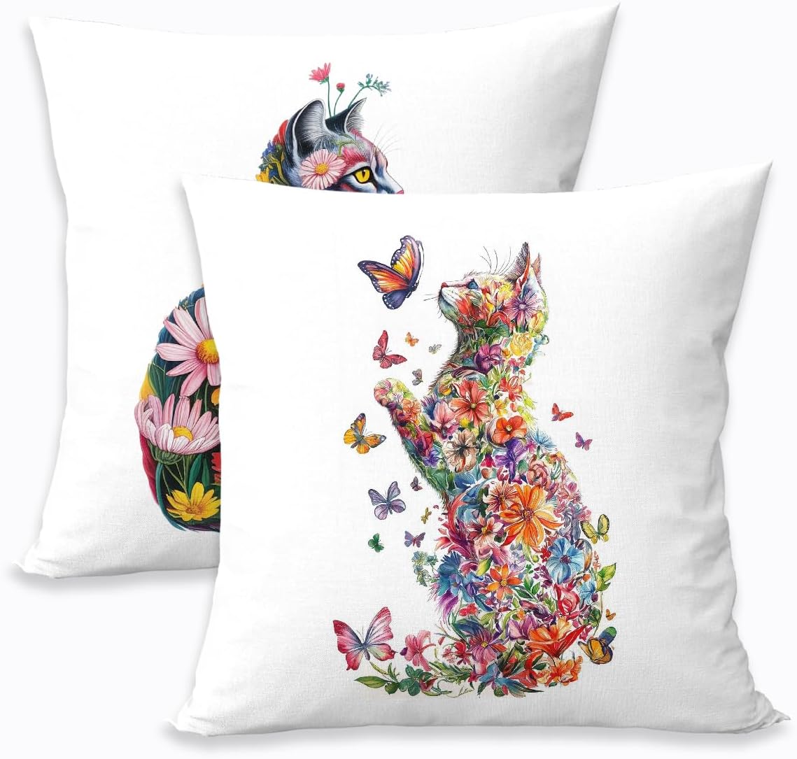 2 Pcs Flower Cat Pillow Covers, Cat Decor Cats Themed Gifts Throw Pillow Square Cushion Covers for Couch Sofa Bed Bedroom Apartment Dorm Living Room Office Home Decor