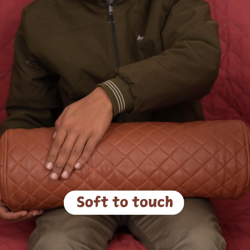 Neck Roll Pillow Cushion Cover, 16x7 Inch Full Moon Round Bolster Pillow Case, Cylinder Soft Lambskin Leather Pillowcase for Head, Spine & Neck Support During Sleep - Quilted Brown Pack of 1