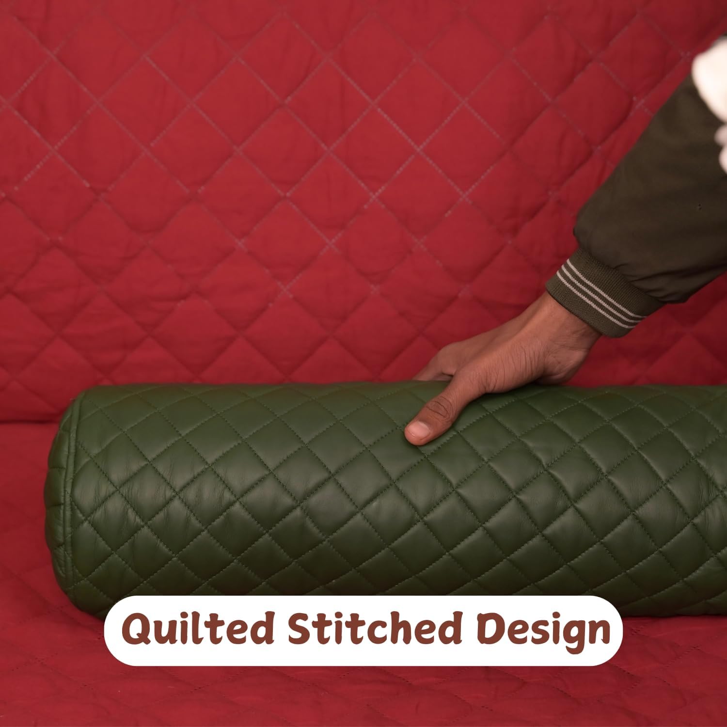 Neck Roll Pillow Cushion Cover, 20x6 Inch Full Moon Round Bolster Pillow Case, Cylinder Soft Lambskin Leather Pillowcase for Head, Spine & Neck Support During Sleep - Quilted Dark Green Pack of 1