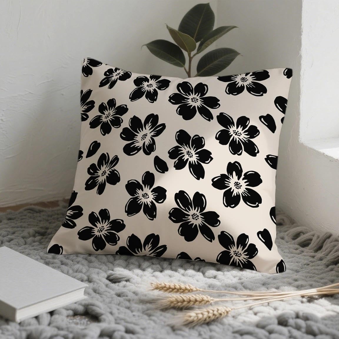Decorative Black Floral Throw Pillow Covers 18 x 18 Inch Set of 2, Black Beige Lucky Flowers Cushion Cover Square Pillow Cases for Office Couch Sofa Bedroom Living Room Farmhouse Home Decor Cream