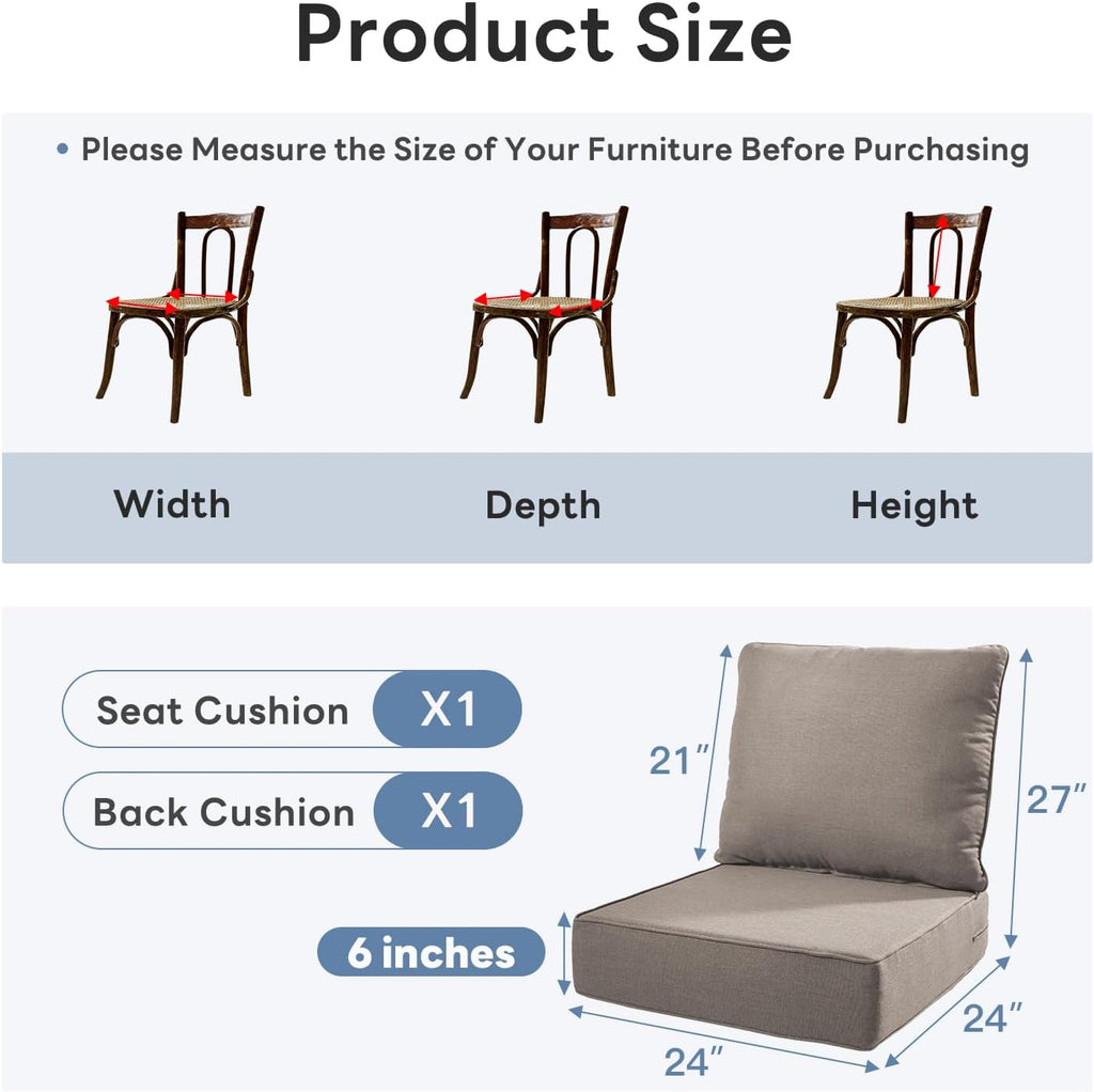 6 inches Thicker Outdoor Chair Cushions Set- 24" *24" *6" Waterproof Patio Furniture Cushions with Removable Cover, 28D High Density Sponge Filling Thicken Outdoor Patio Cushions - Grey