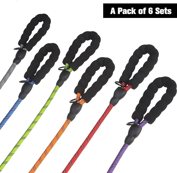 BEAUTYZOO Heavy Duty Rope Dog Leash 6 Pack, 5FT Nylon Pet Lead With Reflective Thread, Soft Padded Handle for Large Medium Dogs Small Puppy