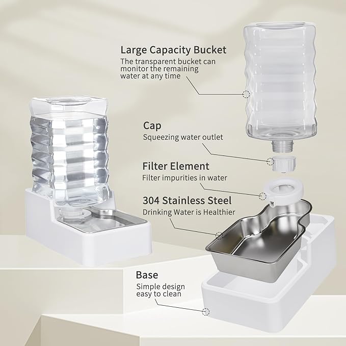 Sfozstra Dog Water Bowl Dispenser: 8L Lagre Automatic Gravity White Upgraded Pet Water Dispenser - Stainless Steel Bowl - BPA-Free - Two Caps and Filters for Multiple Pets