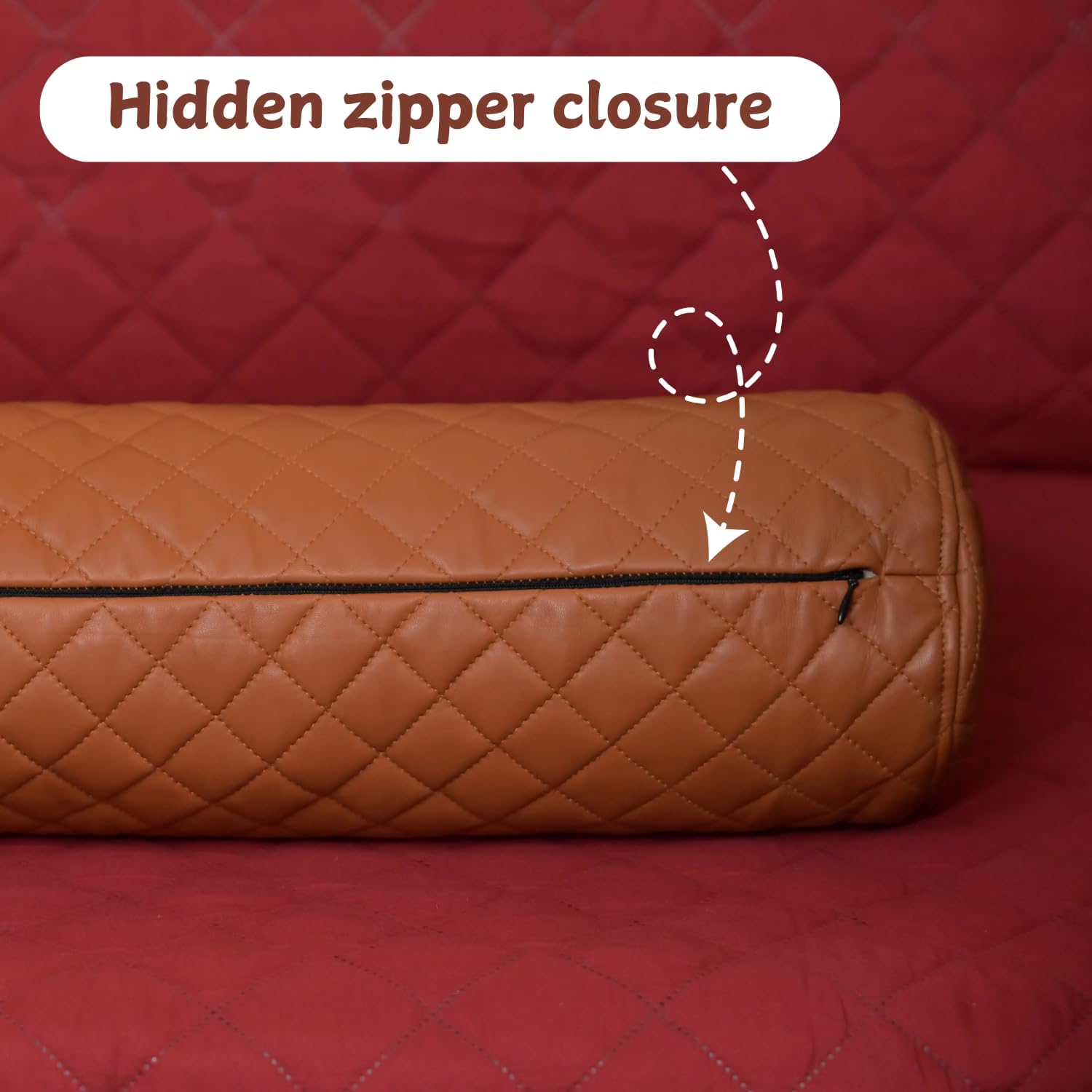 Neck Roll Pillow Cushion Cover, 24x6 Inch Full Moon Round Bolster Pillow Case, Cylinder Soft Lambskin Leather Pillowcase for Head, Spine & Neck Support During Sleep - Quilted Tan Pack of 2