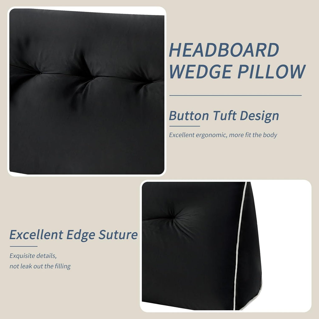 Headboard Wedge Pillows Full, Ergonomic Bed Triangular Headboard Pillow, Thickened Backrest Cushion for Reading in Dorm Bed Sofa, Black, 54in