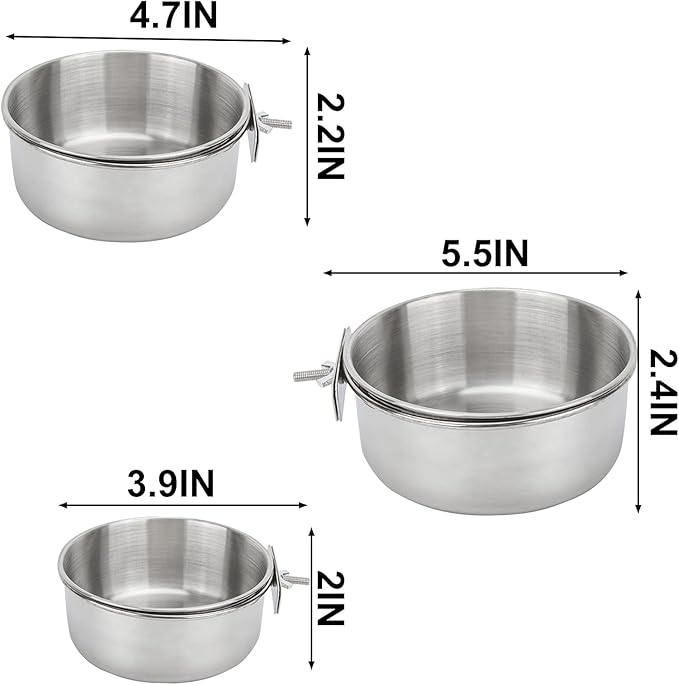 Bird Feeding Dish Cups 3 Pack Parrot Food Bowl Cage with Clamp Holder Stainless Steel Birdcage Coop Water Feeder for Cockatiel Conure Budgies Parakeet Macaw Finches Lovebirds Small Animal (S+M+L)