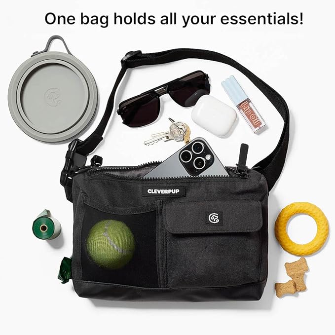 Dog Walk & Train Sling Bag - Hands-Free 2-In-1 Treat Pouch, Poop Bag Holder, Clicker, Phone Pocket - Crossbody/Fanny Pack, Adjustable Strap - Graphite