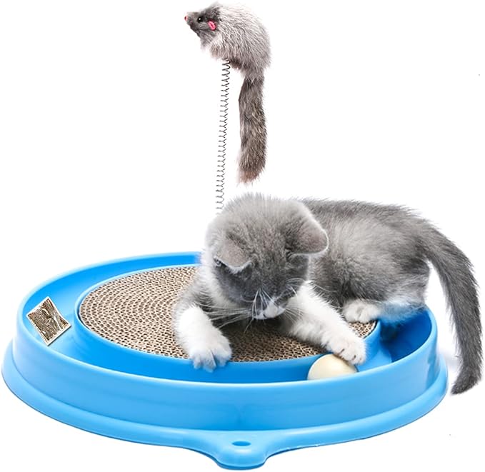 AUOON Cat Scratcher Toy - Cat Scratch Pad with Cat Toy Ball Track and Plush Mouse Toy for Indoor Cats and Kittens (Blue)