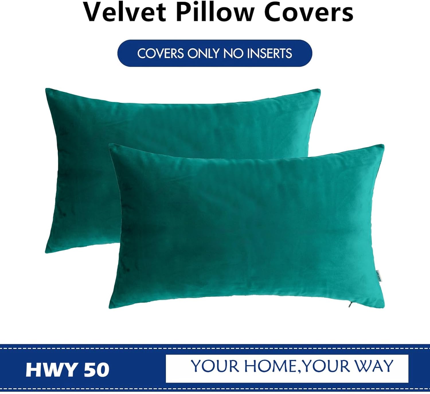 HWY 50 Teal Velvet Rectangular Throw Pillow Covers 12x20 Inch, Pack of 2 Soft Cozy Solid Decorative Luxury Cushion Cases for Couch Sofa Bed Living Room Bedroom