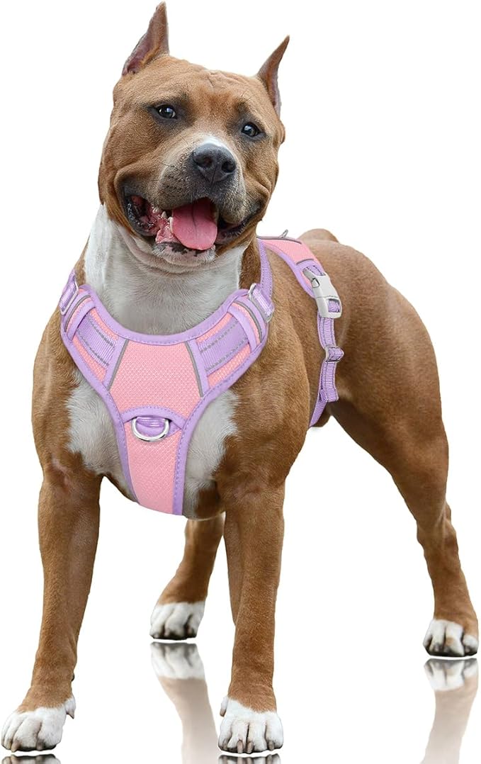 BARKBAY No Pull Dog Harness Large Reflective Dog Harness with Front Clip and Easy Control Handle for Walking Training Running with ID tag Pocket(Baby Pink & Violet Purple,L)