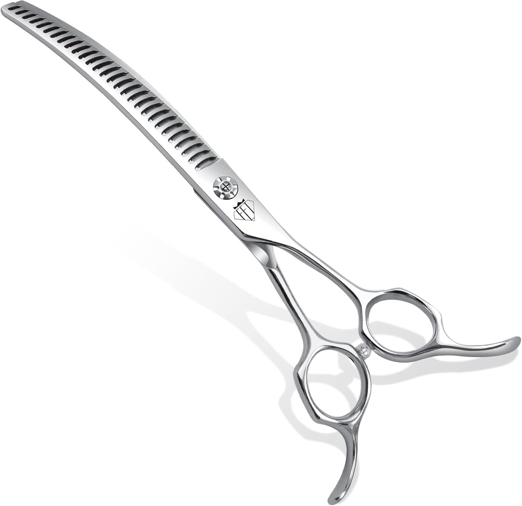 Professional Curved Thinning Scissors for Dog Grooming, 30-Degree Curvature, Japanese 440C for Trimming Dogs Cats and Other Pets face and paws (Curved Chunker)