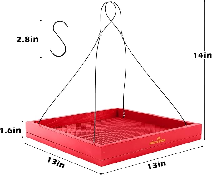 MIXXIDEA Bird Feeder Hanging Tray Seed Tray Wooden Platform Hummingbird Feeder Hanging Tray Mesh Seed Platform for Garden Yard Outside Decoration Attracting for Wild Birds (Red-1pk)