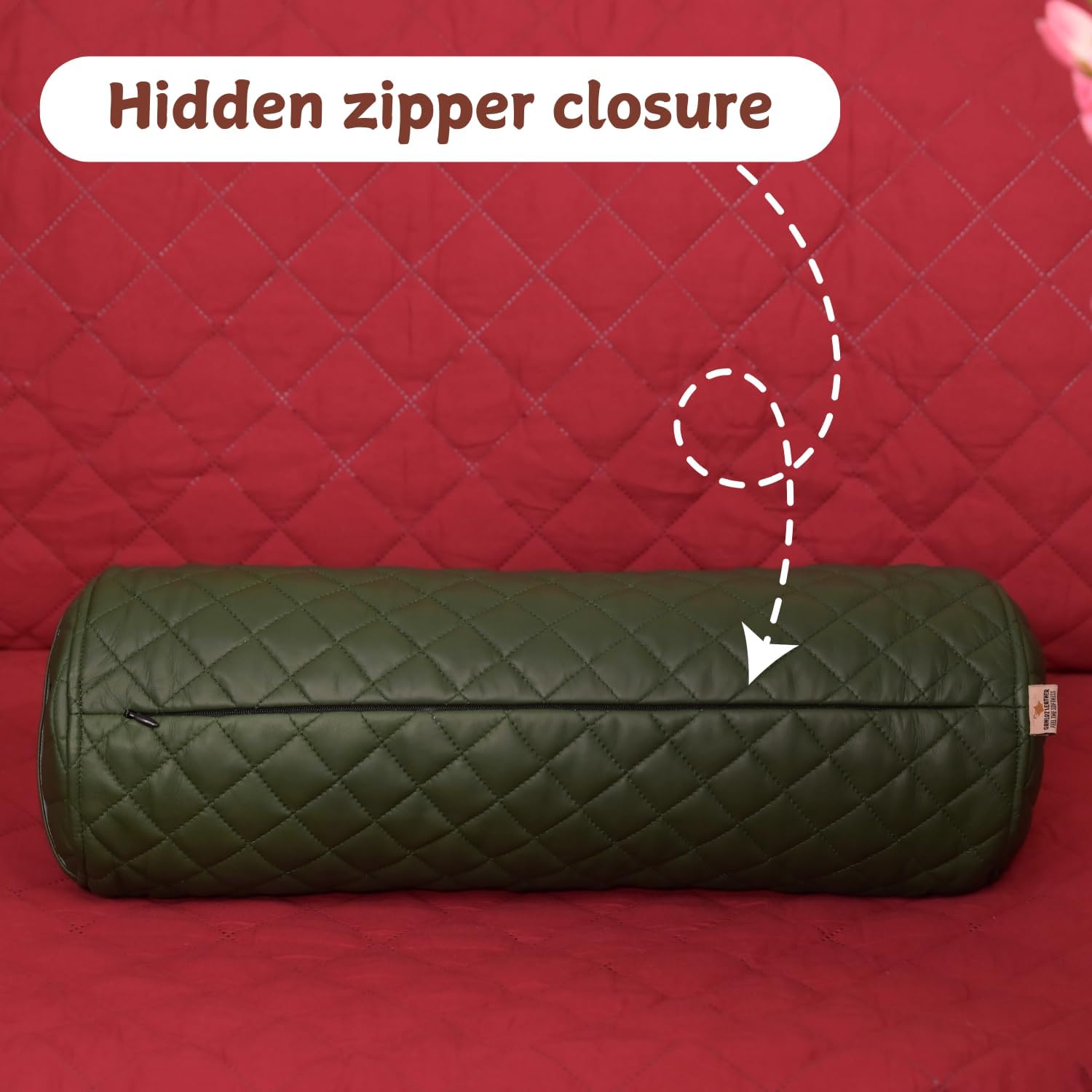 Neck Roll Pillow Cushion Cover, 22x5 Inch Full Moon Round Bolster Pillow Case, Cylinder Soft Lambskin Leather Pillowcase for Head, Spine & Neck Support During Sleep - Quilted Dark Green Pack of 1