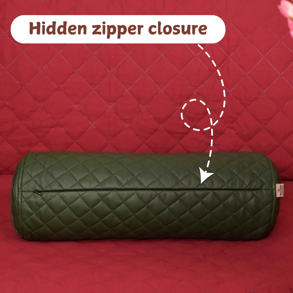 Neck Roll Pillow Cushion Cover, 22x5 Inch Full Moon Round Bolster Pillow Case, Cylinder Soft Lambskin Leather Pillowcase for Head, Spine & Neck Support During Sleep - Quilted Dark Green Pack of 2