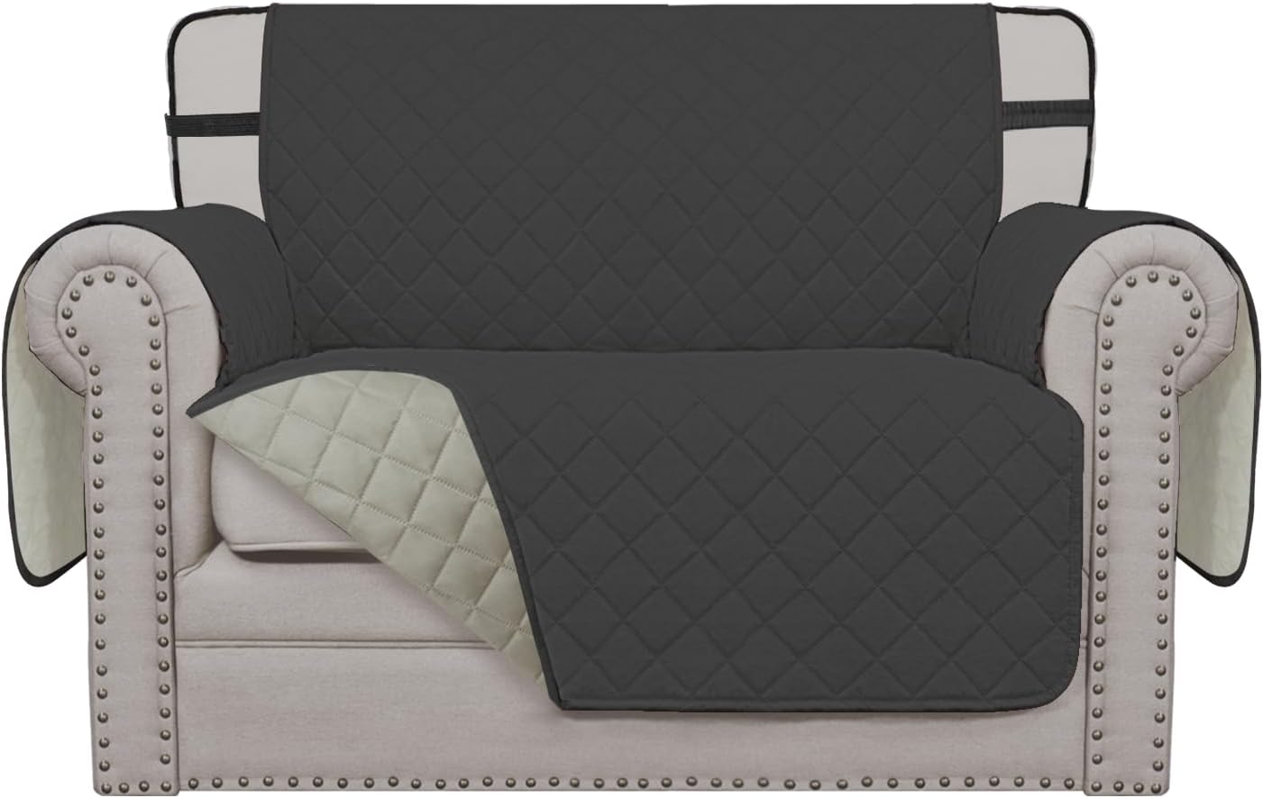 Easy-Going Reversible Chair Cover Washable Sofa Cover for Dogs Water Resistant Couch Slipcover Furniture Protector Cover with Adjustable Straps for Pets (Chair 30 in, Dark Gray/Beige)