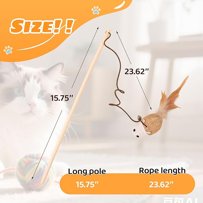 Cats Wand Toy Cat Teaser Toy Stretchy Rope Mouse Shape with Bell Feather Cat Self-Help Relief Toys Bite and Wear Resistant Pet Interactive Toy Suitable for Kittens Adult Cats Households