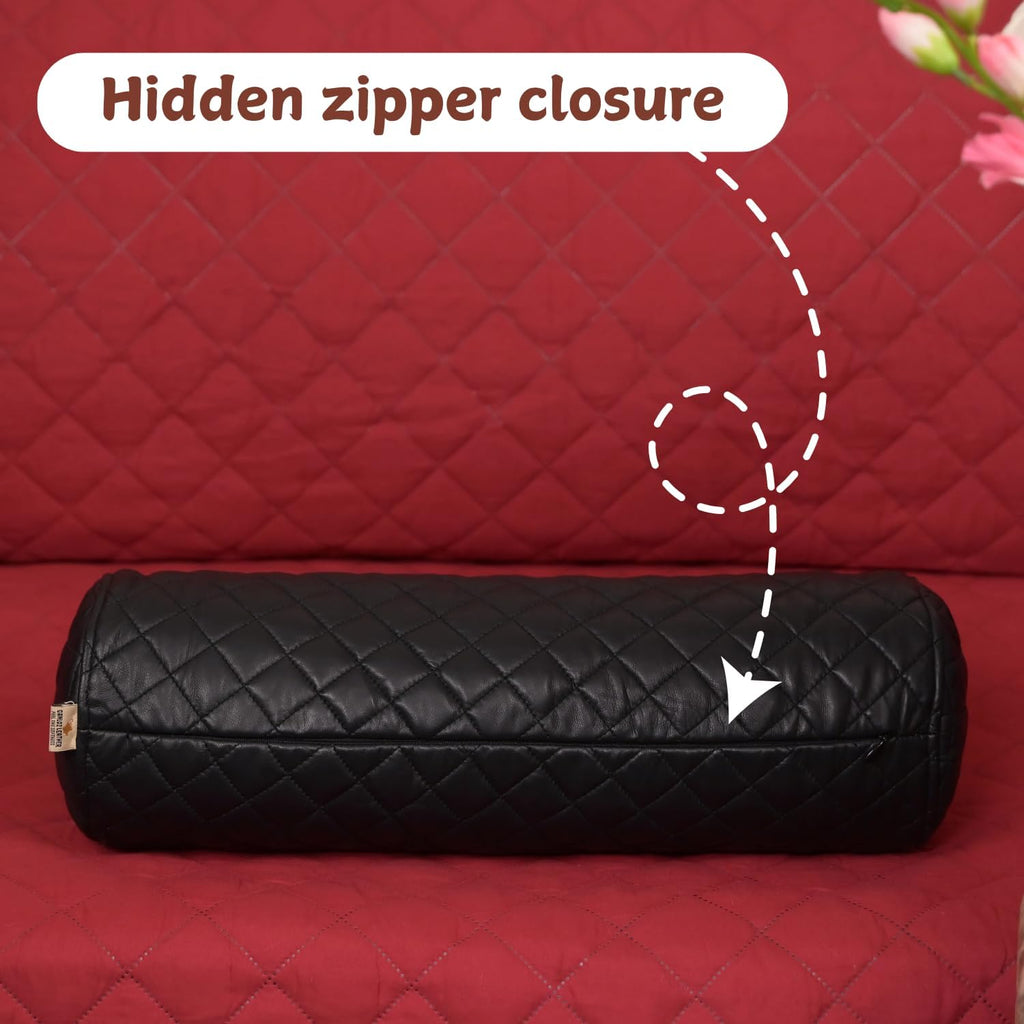 Neck Roll Pillow Cushion Cover, 18x6 Inch Full Moon Round Bolster Pillow Case, Cylinder Soft Lambskin Leather Pillowcase for Head, Spine & Neck Support During Sleep - Quilted Black Pack of 2