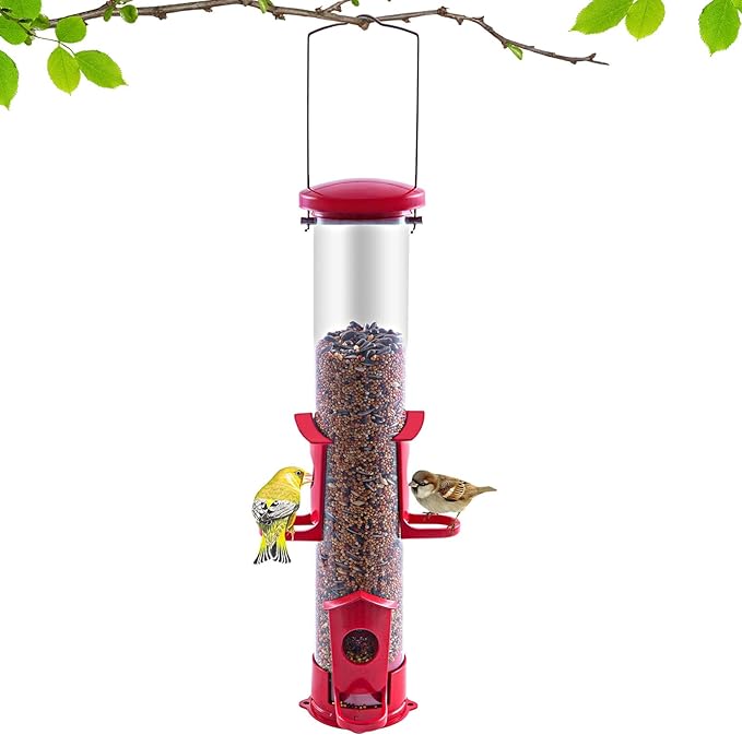 Tube Bird Feeder for Outdoors Hanging Finch Feeders for Outsides Metal 4 Ports & U Perches Squirrel Chew Proof, Removable Base, Easy to Fill & Clean, Red Attracts More Wild Birds