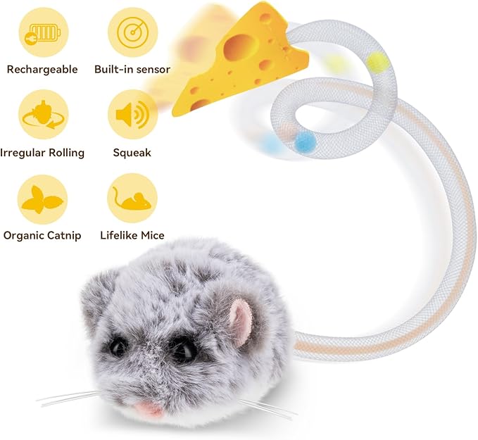 Migipaws Interactive MigiMouse Cat Toy 360° Rolling & Spin with Wiggling Tail for Indoor Cats Smart Motion Sensor, Realistic Squeak, Rechargeable Plush Kitten Toy(Grey Long)