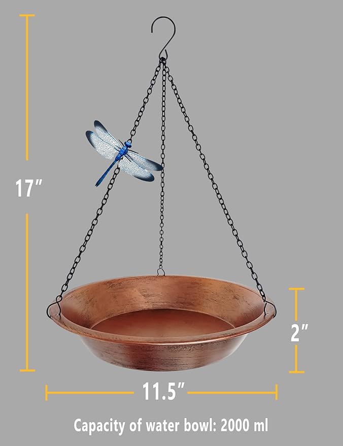 Hanging Bird Bath for Outdoor, Antique Copper Metal Bird Feeder Birdbath Bowl with 17” Rust-Proof Black Chains for Garden Backyard Decor