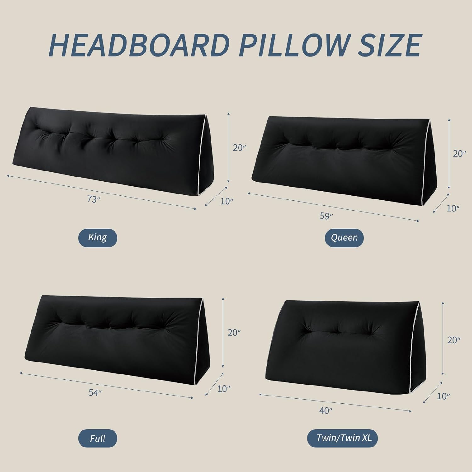 Headboard Wedge Pillows Full, Ergonomic Bed Triangular Headboard Pillow, Thickened Backrest Cushion for Reading in Dorm Bed Sofa, Black, 54in