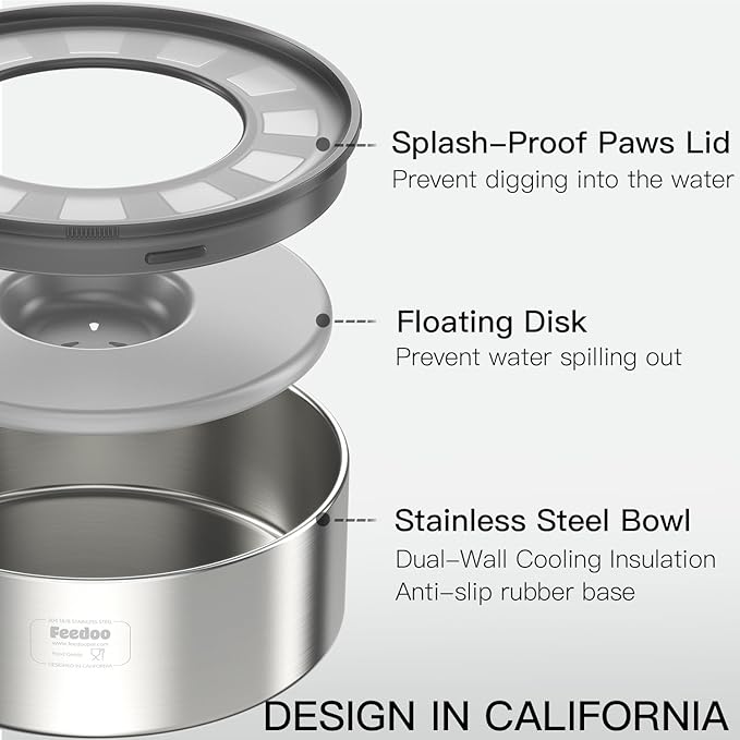 2L No Spill Water Bowl for Dogs, Double-Wall Stainless Steel with Splash-Proof Paws Lid and Floating Disk, Non-Slip Base, Easy to Clean Slow Water Feeder for Small Medium Dogs