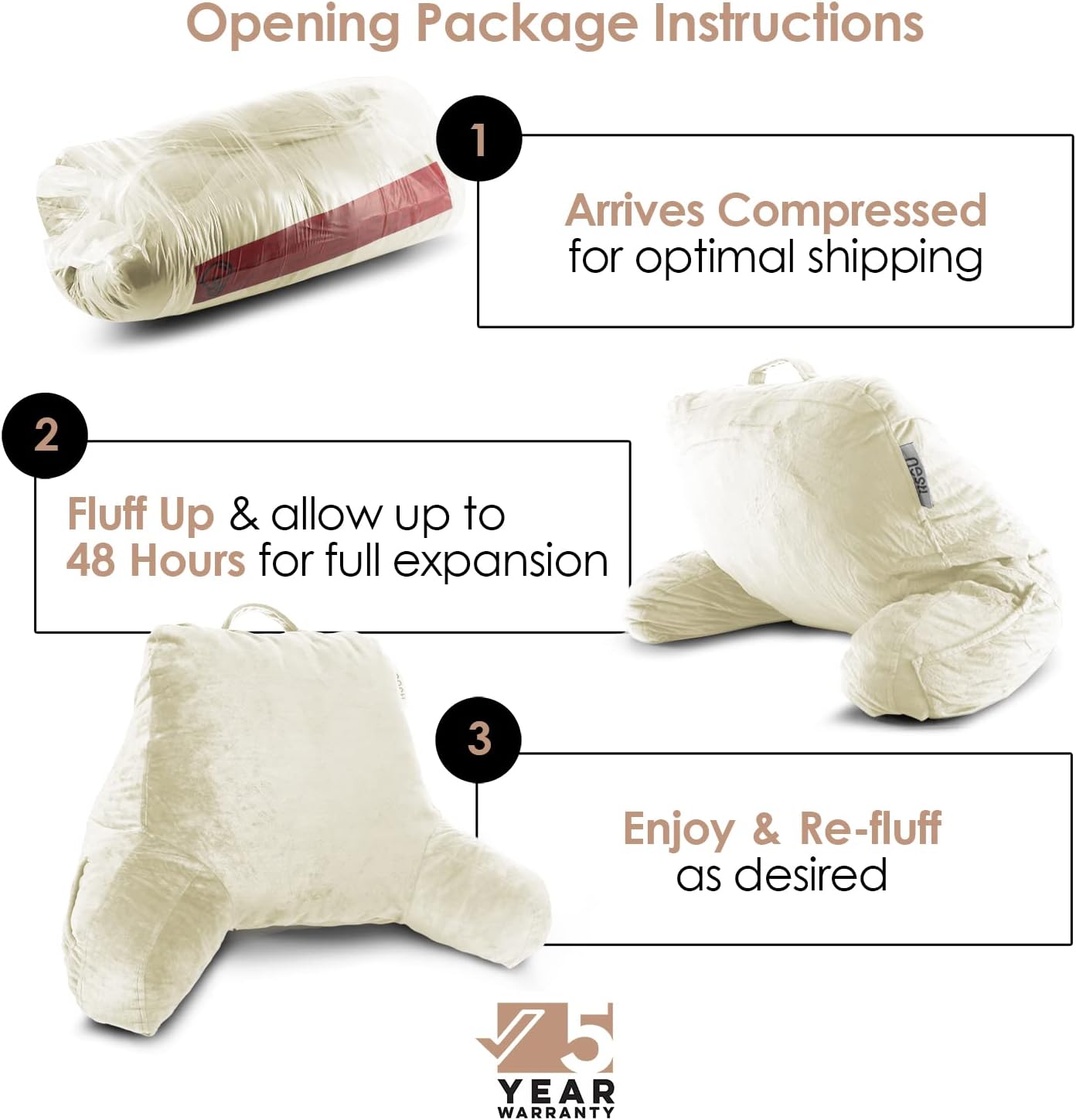 Nestl Reading Pillow for Kids & Teens with Shredded Memory Foam, Backrest Pillows for Reading, Watching, and Gaming, Use on The Couch, Bed, or Floor, Adjustable Support with Washable Cover Off White