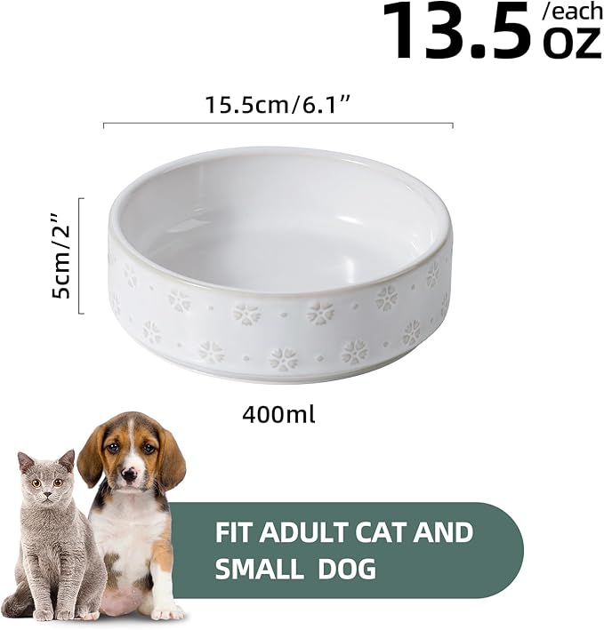 6.1inch Ceramic Set of 2 Dog and Cat Bowls, Food and Water Bowls for Toy Breed Dogs, Kitty, 2pcs Pet Dishes, Cat Feeder(2Dishes, White with Snowflake Pattern)