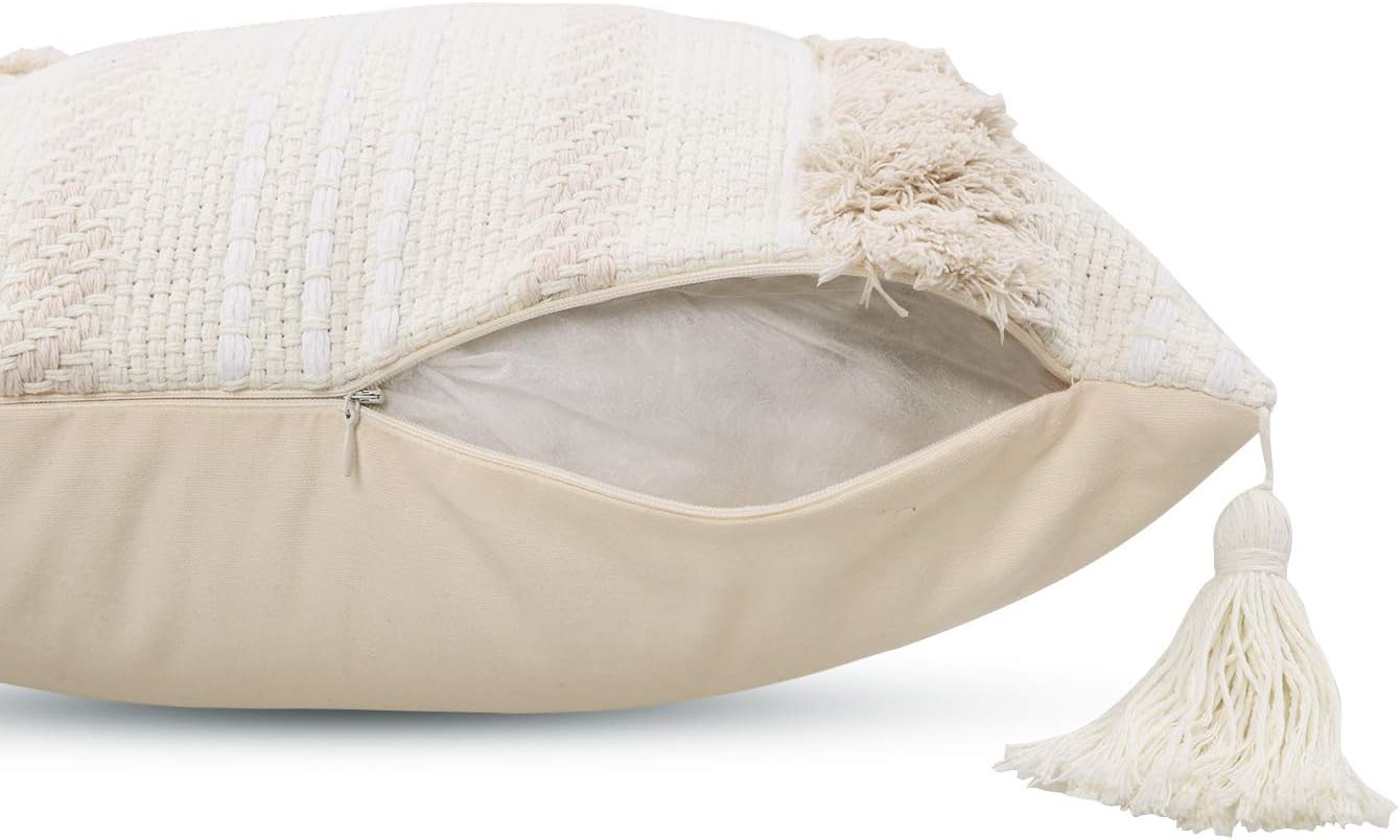 OJIA Boho Decorative Throw Pillow Cover, 20 x 20 Farmhouse Cute Pillowcase Minimalist Neutral Collection Cream White Tufted with Tassels Woven Square Cushion Cover for Sofa Couch Bedroom Living Room