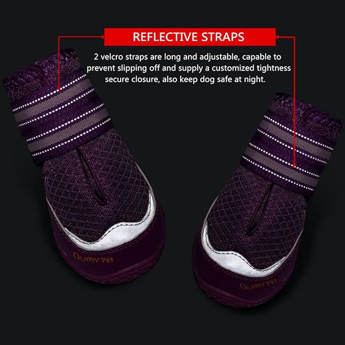 QUMY 4PCS Dog Boots for Large Dogs, Medium Dog Shoes & Paw Protectors for Hot Pavement, Summer Heat Protection, Mesh Breathable Nonslip Dog Booties for Hardfloors, Walking Running Hiking Purple Size 7