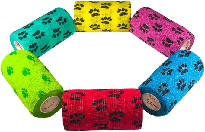 4 Inch Vet Wrap Tape Bulk (Black Paw Prints on Yellow, Red, Teal, Blue, Neon Green, and Neon Pink) (Pack of 24) Self Adhesive Adherent Adhering Flex Bandage Grip Roll for Dog Cat Pet
