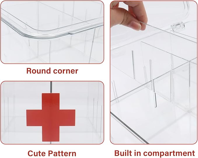 2 Pack First Aid Box, Acrylic Medicine Kit Case Organizer Empty, Divided Medicine Box First Aid Storage Box Kit with Hinge Lid, Emergency Supplies Storage Box for Home Office (Clear)