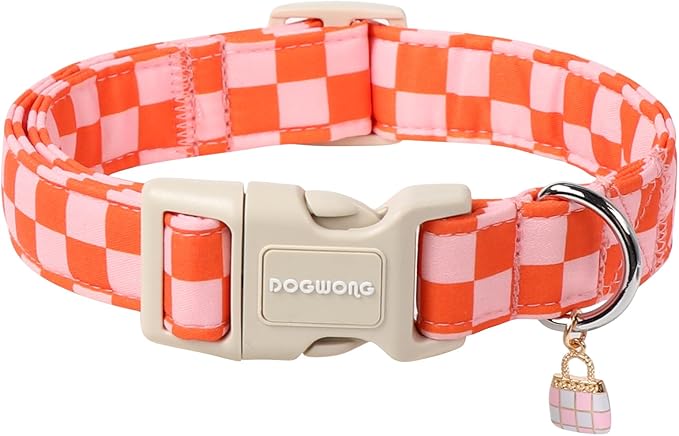 DOGWONG Pink Plaid Dog Collar, Pink Girl Dog Collars, Adjustable Cute Pet Collars Girl Design Dog Collar for Small Medium Large Dogs