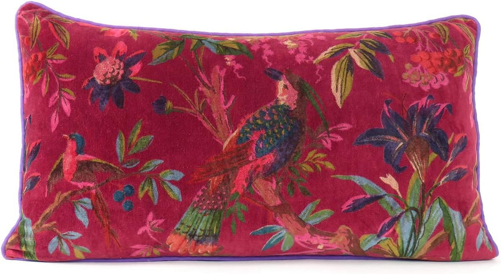 Eyes of India Velvet Floral Flower Bird Throw Pillow Sofa Cushion Cover Case Couch Colorful Boho Chic Bohemian Accent Indian Handmade (Burgundy, 20" x 12")