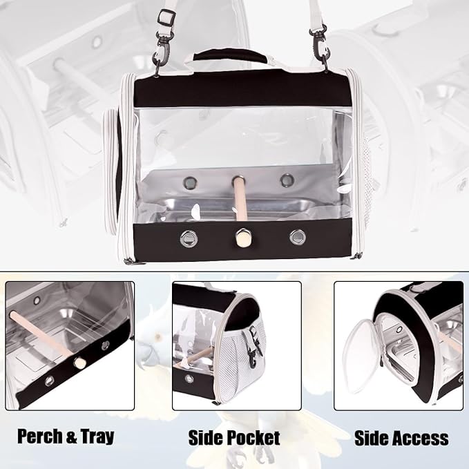 Bird Carrier, Portable Small Bird Parrot Parakeet Carrier with Standing Perch and Stainless Steel Tray, Side Access Window Collapsible (Black, Cylinder Design - Clear)